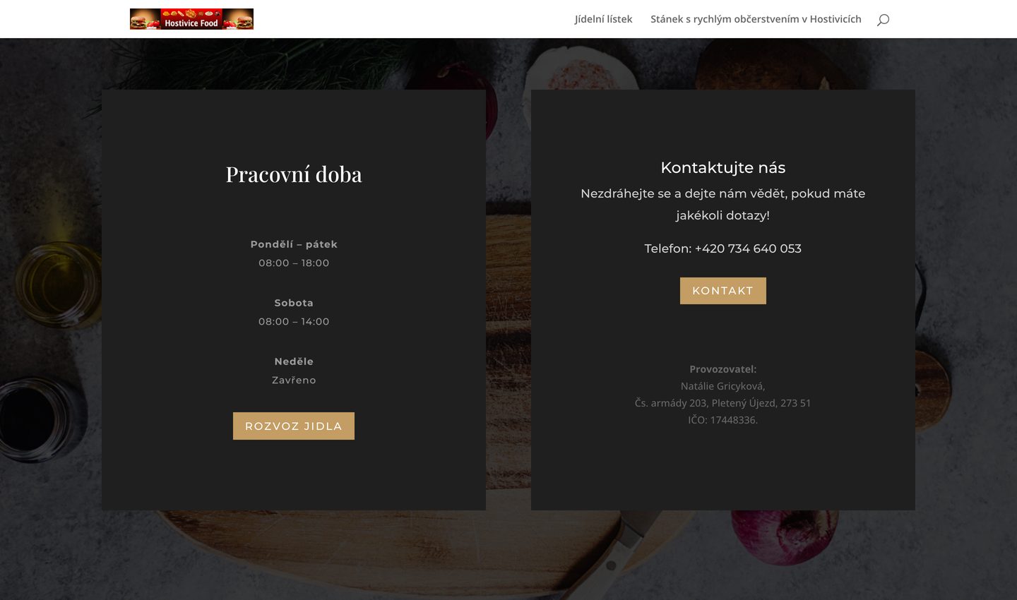 Kontaktní blok před: bílý text na zlatých tlačítkách, šedé údaje provozovatele